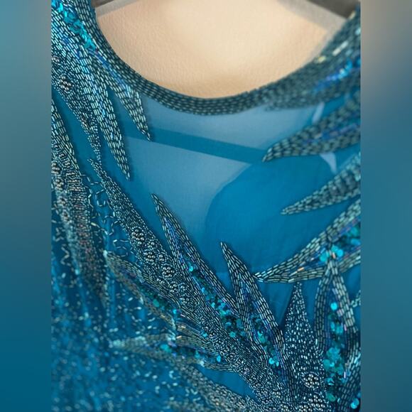 AJ Bari Petites Beaded Teal Evening Dress Long Sleeve Size 6P - Picture 7 of 10